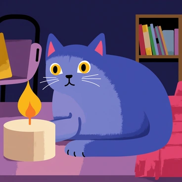 A blue cat with bright yellow eyes is curled up comfortably next to a glowing candle. The candle emits a warm, flickering light that casts soft shadows in the dimly lit room. The walls are painted a deep shade, enhancing the cozy atmosphere. A small bookshelf filled with colorful books is visible in the background. A woolen blanket is draped over a nearby chair, adding to the inviting scene.