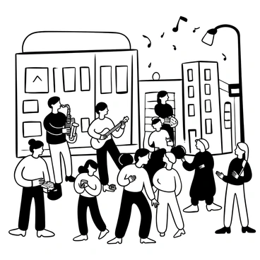 A group of musicians is gathered on a busy city street corner, surrounded by tall buildings. One musician is playing a saxophone, while another is strumming a guitar. There is a drummer with a set of drums, and a vocalist holding a microphone. The musicians are dressed in stylish clothing, and a few passersby stop to listen, some nodding their heads to the rhythm. A streetlamp stands nearby, casting light on the scene, and there are musical notes illustrated in the air around the performers. A small crowd of people is forming, with some holding coffee cups and others clapping along to the music. 