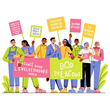 A group of diverse people gathered together, holding bright and colorful banners and signs. Each banner features various vibrant designs and slogans written in bold letters, conveying messages of unity and positivity. The individuals are of different ages and ethnicities, expressing joy and determination as they participate in the peaceful rally. Some people are smiling, while others are engaged in conversation, creating a sense of community among them. They are standing in a sunny outdoor setting, surrounded by greenery, contributing to the lively atmosphere of the event.
