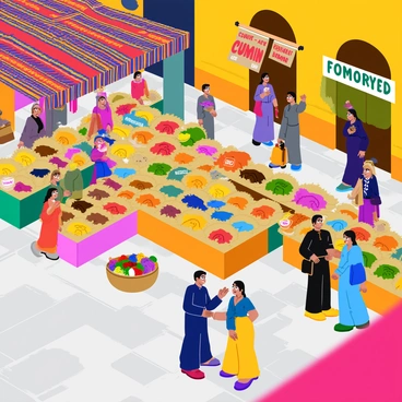 A vibrant marketplace bustling with activity. Numerous vendors display an array of colorful spices in small burlap sacks, with labels showing names like "cumin" and "turmeric" in bold lettering. Nearby, stalls are adorned with richly patterned textiles, featuring intricate designs in shades of red, blue, and gold. People, dressed in diverse attire, interact and haggle over prices. A bright sun illuminates the scene, casting playful shadows on the cobblestone floor. Baskets filled with fruits and vegetables add splashes of color throughout the marketplace.