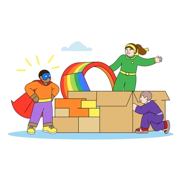 A group of three children in colorful costumes, engaging in superhero play. One child, wearing a red cape and a blue mask, is striking a heroic pose with their hands on their hips. Another child, clad in a green suit with a yellow belt, is flying through the air, arms stretched outwards. The third child, dressed in a purple outfit with a matching headband, is crouching behind a large cardboard box, peeking out as if planning a surprise attack. The play setting is filled with bright, oversized props like giant building blocks and a rainbow slide in the background. The sun is shining, casting cheerful light over the scene.