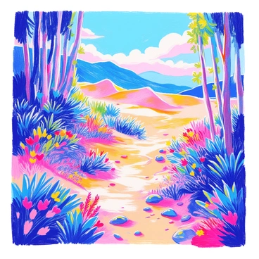 A landscape illustrates the transition from "a lush green forest" on one side filled with tall, leafy trees, vibrant undergrowth, and dappled sunlight filtering through the branches. The forest floor is covered with ferns and colorful wildflowers. As the scene progresses, the trees gradually thin out, leading to "a barren desert" where the ground is cracked and dry. The desert features rolling sand dunes that reflect the sun's bright light, with scattered rocks and sparse vegetation. The sky above transitions from a bright blue near the forest to a clearer, harsher blue over the desert. The blending of these two environments is smooth and gradual, showcasing contrasting elements side by side.