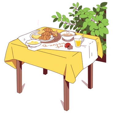 A yellow breakfast table is set under the bright sunlight. The table is covered with a white tablecloth that has the word "Bonjour" elegantly embroidered across its center. On the table, there is a plate of freshly baked croissants, a small bowl of mixed fruits, and a steaming cup of coffee. A delicate glass of orange juice sits next to the cup. The scene captures a cheerful morning ambiance with shadows cast by nearby greenery.