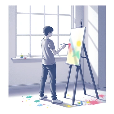 A person painting on a canvas in a sunlit room, surrounded by colorful splashes of paint.
