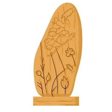 A sculpture made from tamarind wood, featuring a variety of intricate carvings. The wood is polished to a rich, warm brown color, highlighting the natural grain patterns. The carvings depict detailed scenes of nature, including leaves, flowers, and animals. The sculpture stands on a simple wooden base, allowing the craftsmanship and design to take center stage.