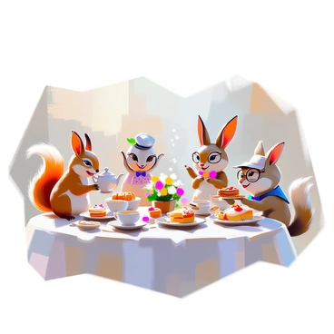 A whimsical scene featuring various animals gathered around a beautifully decorated table for a tea party. A charming squirrel wearing a tiny polka-dotted dress is pouring tea from a small teapot into a dainty cup. Next to the squirrel, a joyful rabbit dressed in a colorful bow tie is nibbling on a slice of cake. A wise-looking owl, adorned with glasses and a small hat, is reading a book on the table, while a playful fox in a striped vest is offering sandwiches to the others. The table is set with an assortment of pastries, cups, and a floral centerpiece, creating a lively and cheerful atmosphere.