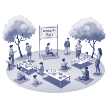 A group of people is gathered in a park, engaging in various activities. There are several tables set up with an assortment of food items, including fruit platters and sandwiches. Children are playing games on the grass, while adults are chatting and enjoying each other's company. A banner reading "Community Rally" is displayed prominently in the background. Some participants are seated on picnic blankets, and others are standing, holding drinks and plates. Trees surround the area, providing shade and a sense of enclosure to the gathering.