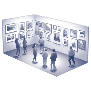 A spacious gallery filled with a variety of framed illustrations. The walls are adorned with an array of artistic works created by local art students. Each piece showcases unique themes, styles, and techniques, highlighting the diversity of talent. Small placards beside each illustration provide the title and artist's name. Visitors stroll through the gallery, examining the illustrations with interest and discussing the artworks among themselves. The atmosphere is lively, with groups gathered in conversation, appreciating the creativity on display.