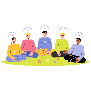 A group of five people sitting cross-legged in a circle, each with closed eyes, engaged in meditation. Their bodies are relaxed, and they are surrounded by soft, pastel colors that create a tranquil atmosphere. Each person has a small heart icon above their heads, with gentle blue and green waves emanating from them, symbolizing their heart rates. The ground beneath them is a lush green, and small, colorful flowers are scattered around, adding to the peaceful setting.