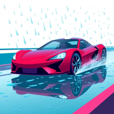 A sleek sports car in vibrant red color is speeding on a wet asphalt road, creating splashes of water as it moves. The headlights of the car are bright, cutting through the rain-soaked environment. Raindrops are falling from the sky, creating intricate patterns on the surface of the car and the road. Reflections of the car are visible on the glossy wet pavement, while the surrounding scenery is blurred with motion, emphasizing the speed of the vehicle.