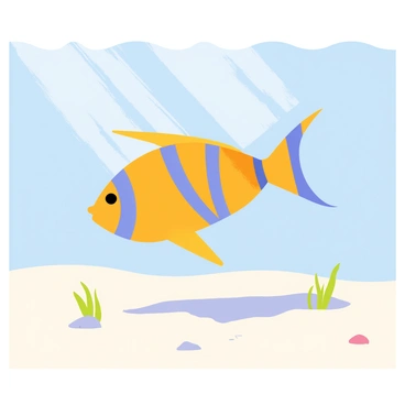 An angelfish with vibrant orange and blue stripes gliding gracefully through clear sunlit ocean waters. The fish has elongated fins and a slightly curved body, creating a sense of movement. Below, the sandy ocean floor is visible, with the fish casting a distinct shadow that highlights its shape against the pale sand. Sunbeams penetrate the water surface, creating dappled patterns on the ocean floor, enhancing the tranquil underwater environment. A few small rocks and seaweed are scattered across the sand, adding variety to the scene.