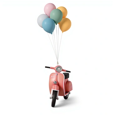 A moped floating upward, lifted by a bunch of colorful balloons