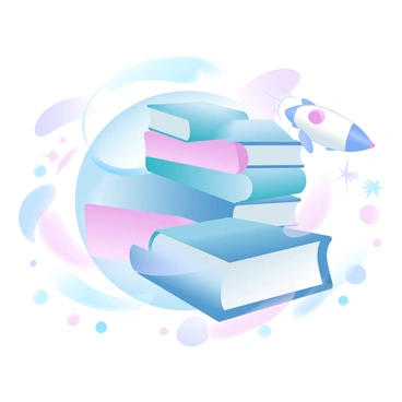 A planet composed entirely of various books stacked and arranged in a spherical shape. The books display different colors and textures of their covers, creating a vibrant surface. Orbiting around the planet is a small rocket ship with a sleek design, painted in bright colors. The rocket leaves behind a trail of sparkles as it moves through the space surrounding the book planet. The background is filled with a gradient of pastel colors, enhancing the whimsical atmosphere.