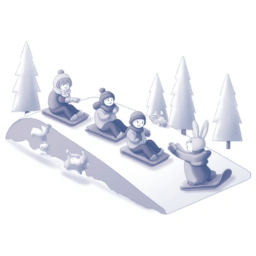 A group of children are sledding down a snow-covered hill. Some children are sitting on sleds, while others are standing or running beside them. Each child is wearing winter clothing, including hats and scarves, and is smiling with excitement. Nearby, several animals, such as a dog and a rabbit, are playfully interacting in the snow. The hill is surrounded by several snow-covered trees, creating a winter landscape filled with joyful energy.
