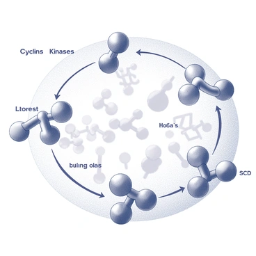 A detailed diagram illustrating cyclin proteins in action. Several cyclin molecules are shown interacting with different kinases. The cyclins are depicted as circular structures, with varying sizes to represent different types of cyclins. Each kinase is represented as a distinct enzyme with an active site where the cyclins bind, initiating a cascade of cellular events. The background is filled with various cellular structures, such as chromosomes and microtubules, to provide context for the cell cycle regulation process. Arrows indicate the activation process and connections between cyclins and kinases to emphasize their interactions. Text labels accompany each element, with “Cyclins” and “Kinases” clearly marked to enhance clarity in understanding their roles during the cell cycle.