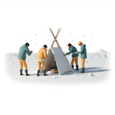 A group of nomads is constructing a temporary shelter in the tundra. They are wearing thick, insulated coats and boots suitable for cold weather. The landscape is blanketed in white snow, with light flakes falling around them, creating a gentle snowstorm atmosphere. The nomads are using sturdy materials like wooden poles and animal hides to assemble the structure. Their breath is visible in the cold air as they work together, focused and determined. Sparse vegetation and low hills are visible in the background, enhancing the desolate beauty of the tundra environment.