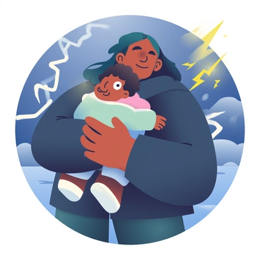 A strong mother with medium skin and long, dark hair is holding her child close to her chest. The child, who has curly hair and is wrapped in a cozy blanket, looks up at the mother with wide eyes. The mother is wearing a sturdy, dark waterproof jacket, and her expression is focused and determined. Behind them, a stormy backdrop features dark, swirling clouds and flashes of lightning illuminating the sky. The ground is wet with rain, and the wind is visibly blowing, causing the mother’s hair to move slightly. The atmosphere conveys a sense of protection amid the chaos of the storm.