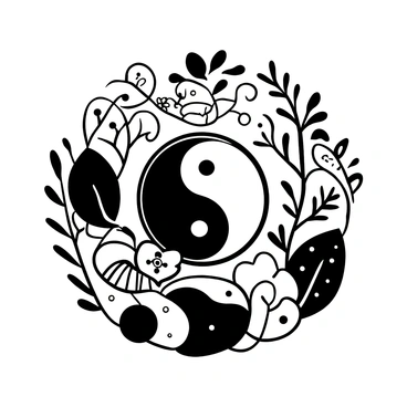 A large "yin-yang" symbol positioned centrally, with one side featuring intricate patterns of "leaves" and "flowers" that flow seamlessly into the other side, which displays "waves" and "mountains." Around the symbol, additional natural elements like "branches" intertwine with "vines" and "stones," creating a balanced composition that emphasizes the theme of harmony. Soft textures of different natural elements enhance the overall unity of the scene, leading the eye around the symbol.