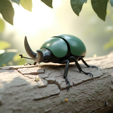 A close-up of a "Hercules beetle" with glossy green and black exoskeleton, showcasing its prominent curved horns. The beetle is crawling over a "weathered log" with rough, textured bark, displaying signs of age with cracks and moss. Sunlight is filtering through the leaves above, illuminating the beetle and creating a dappled light effect on the log. Small details such as tiny insects and flecks of dirt can be observed on the log's surface, adding depth to the scene.