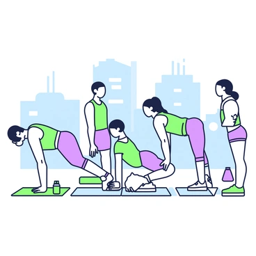 A group of five people is performing incline push-ups on a gym rooftop in a city. Each individual is positioned at a different angle, with two facing the camera and three in profile. They are wearing various athletic outfits, including tank tops and shorts. In the background, there are tall buildings and a clear blue sky. The rooftop has exercise mats laid out beneath them. One person is using a water bottle placed nearby, while another has a towel draped over their shoulder. The scene conveys a sense of outdoor fitness and teamwork.