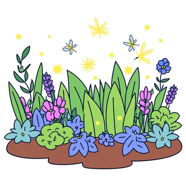 A vibrant biome scene filled with various plants including tall grass, colorful wildflowers, and leafy shrubs. Fireflies flicker softly, their yellow lights illuminating the surroundings. Other insects such as butterflies and dragonflies are flying among the plants, creating a lively atmosphere. The scene captures a mixture of green foliage and bursts of color from the flowers, blending seamlessly with the glowing fireflies. The ground is covered with rich soil and patches of moss, enhancing the natural diversity of the setting.