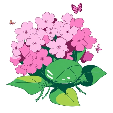 A green Hercules beetle is slowly emerging from beneath a cluster of vibrant pink spring flowers. The beetle's glossy exoskeleton glistens under the sunlight as it unfurls its legs and stretches its wings. Surrounding the beetle, the pink flowers are in full bloom, showcasing delicate petals and lush green leaves. A soft breeze causes the flowers to gently sway, while the beetle cautiously makes its way onto a bright green leaf. Butterflies and small bees can be seen fluttering nearby, adding to the lively spring atmosphere.
