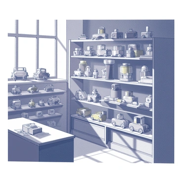 A shop interior filled with an array of vintage wind-up toys arranged on wooden shelves. Each toy is distinct, displaying intricate details of their winding mechanisms. Some toys are shaped like classic cars, others resemble animals, and a few are humanoid figures. The toys are made of metal and painted in a variety of colors, featuring nostalgic designs. Sunlight streams through large windows, casting shadows across the floor, while a wooden counter is visible in the foreground, cluttered with small toy parts and tools for repairs. The overall atmosphere of the shop is one of charm and nostalgia.