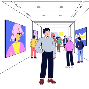 Mr. Sakamoto stands in the center of a spacious art gallery, surrounded by large, colorful paintings on the walls. He is wearing a simple, modern outfit consisting of a fitted grey sweater and dark trousers. His expression shows deep appreciation as he admires a vibrant abstract painting with bold brush strokes. The gallery has polished wooden floors and soft lighting that highlights the artwork. There are a few other visitors in the background, observing different pieces, adding to the lively atmosphere of the gallery.