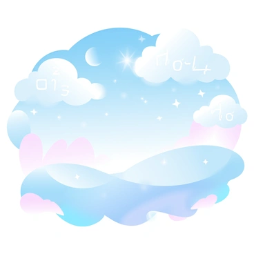A surreal landscape filled with fluffy clouds, each cloud intricately woven with mathematical equations and symbols. The clouds float above a soft, rolling horizon that blends seamlessly with a night sky filled with twinkling stars. A moon shines brightly, casting a gentle glow on the scene. The ground is a mix of soft, pastel colors, creating a dreamlike atmosphere that invites exploration. Stars are scattered throughout the sky, some appearing as glowing orbs, while others resemble intricate shapes, all intertwined with the flowing equations in the clouds.