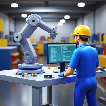 An engineer wearing a safety helmet and work gloves is programming a robotic arm on a computer. The robotic arm is positioned on a large metal table in an industrial setting filled with machinery and tools. The engineer is focused on the computer screen displaying code and control interfaces. Bright overhead lights illuminate the workspace, highlighting the intricate details of the robotic arm made of shiny metal and plastic components. Various tools and parts are organized neatly around the engineer, emphasizing the organized nature of the industrial environment.