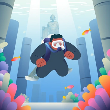A diver with light brown skin and short black hair is swimming through the underwater ruins of a sunken city. The diver is wearing a sleek black wetsuit and a clear face mask, with scuba gear attached to their back. Surrounding the diver are remnants of ancient stone buildings, partially covered in vibrant coral in shades of orange, purple, and pink. Fish of various colors are swimming around the coral, adding life to the scene. Sunlight is filtering down through the water, illuminating the diver and creating a serene atmosphere. In the distance, a large statue can be seen, encrusted with aquatic plants and coral, hinting at the history of the lost city.