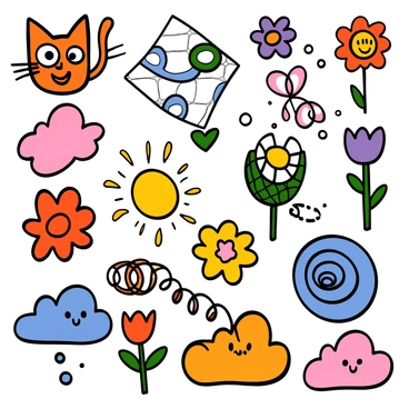 A page filled with a variety of doodles in different shapes and themes. Each doodle is vibrantly colored, showcasing a mix of illustration markers and alcohol markers. The doodles include whimsical creatures like a smiling cat with oversized eyes, a cheerful sun with rays extending outward, and abstract shapes that intertwine. There are flowers with swirling petals, geometric patterns, and playful clouds with cartoonish faces. The colors are bold and bright, bringing each doodle to life against the white background of the page, creating a lively and playful atmosphere.