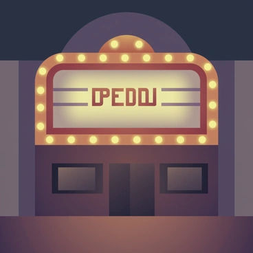 A retro cinema marquee illuminated at night displaying the title "Classic Movie" in bright lights.