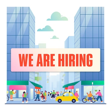 A large banner stretched between skyscrapers in a city skyline with 'We Are Hiring'
