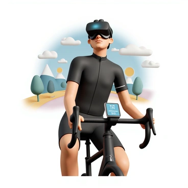 A person, wearing a black cycling jersey and padded shorts, is sitting on a stationary bike while participating in a virtual cycling race. They have a VR headset securely positioned on their head, with visual effects indicating an immersive racing environment around them. The person's expression is focused and determined, showcasing their immersion in the virtual experience. In the background, various digital landscapes and racing tracks can be seen, enhancing the sense of speed and competition. The stationary bike is equipped with a digital display showing performance metrics like speed and distance.