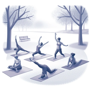 A group of diverse individuals practicing yoga on individual mats laid out on the grass. Each person is in a different pose, showcasing a range of flexibility and focus. The scene is set in a park with trees surrounding the area, their branches creating a natural frame. The ground is a mix of grass and earth, and sunlight filters through the leaves, casting soft shadows on the ground. In the background, there are a few park benches and a walking path, emphasizing a tranquil atmosphere.