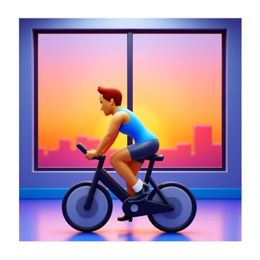 A person riding a spin bike in a gym setting. The gym features a large window that showcases a beautiful sunset outside. The sky is filled with vibrant orange and pink hues, casting warm light into the room. The rider is focused on their workout, wearing athletic gear, with sweat glistening on their forehead. The spin bike is positioned prominently in front of the window, enhancing the view of the sunset.