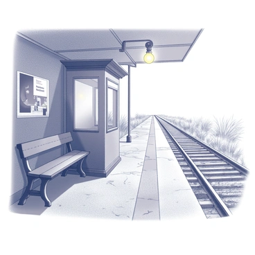 A deserted train station with worn wooden benches and cracked tiles. The walls are marked with faded advertisements and peeling paint. In the center, there is a lone ticket booth, constructed from aged wood with a small glass window. A single dim light bulb hangs overhead, casting shadows across the booth and illuminating the surrounding area. The platform stretches into the distance, with rusting tracks that lead away from the scene, surrounded by overgrown weeds and silence.