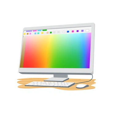 A computer screen is displaying a digital color palette tool. The screen shows a vibrant spectrum of hues ranging from deep reds to bright blues and lush greens. Each color is applied in a smooth gradient, allowing for a seamless transition between shades. The interface includes various small squares filled with different colors, allowing users to select specific shades. The screen is positioned on a clean wooden desk, with a keyboard and mouse nearby.