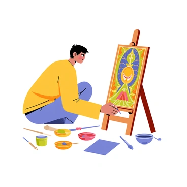 An artist is seated at a wooden easel, carefully applying colors to a traditional Tanjore painting. The painting showcases intricate details, with vibrant colors and elaborate patterns. Gold leaf is prominently used, reflecting light and enhancing the richness of the artwork. The artist's hand delicately holds a brush, focused on adding fine details. Surrounding the workspace, various tools for painting and gold leaf application are neatly arranged, including brushes, palettes, and a small bowl of water. A soft cloth rests nearby, ready for cleaning the brush.