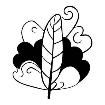 A large feather with intricate details is positioned upright, creating a protective barrier against swirling dark clouds in the background. The feather's texture is emphasized with fine lines, showcasing its delicate veins. The dark clouds loom ominously, casting shadowy shapes around the feather. The overall composition conveys a sense of contrast between the lightness of the feather and the heaviness of the clouds, with swirling patterns in the clouds accentuating the scene.