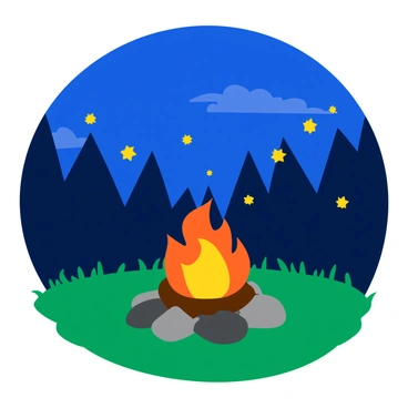 A nighttime scene featuring a small bonfire with bright orange flames. The fire emits a warm glow, illuminating the surrounding area. Glowing fireflies are dancing around the bonfire, their light flickering like tiny stars. The sky is deep blue with a few scattered clouds, and there are silhouettes of trees in the background, framing the scene. The ground is covered in soft grass, partly lit by the bonfire's glow.