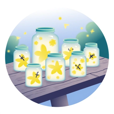 Glass jars filled with glowing fireflies, like little lanterns on a wooden table.