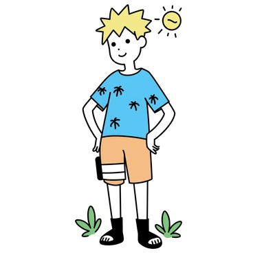 Naruto is wearing a vibrant summer outfit, featuring a light blue short-sleeve shirt with palm tree patterns and bright orange shorts. He is standing with his hands on his hips, a confident expression on his face. The sun is shining brightly, casting shadows on the ground. Naruto's spiky blond hair is illuminated by the sunlight, and he is surrounded by a few green leaves in the background.