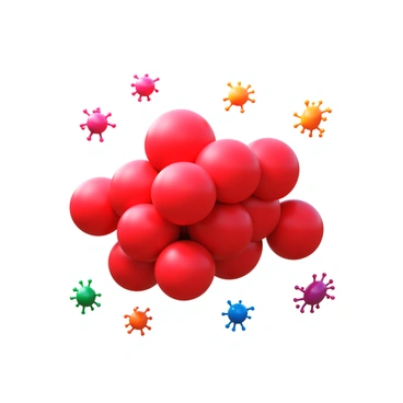A cluster of "red blood cells" gathering closely together, displaying their round and biconcave shapes. The cells have a rich red hue, emphasizing their vital role in the bloodstream. Surrounding them are various "pathogens," depicted as small, irregularly shaped organisms with distinct features to illustrate their foreign nature. The scene captures the dynamic interaction between the red blood cells and the invading pathogens, highlighting the defense mechanism at play.