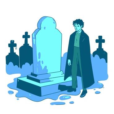 A blue gravestone is partially covered with moss, standing prominently in the foreground of a graveyard. A teal Heathcliff, with a somber expression, is standing next to the gravestone, dressed in a long dark coat. Rain is falling steadily, creating small puddles on the ground and causing droplets to slide off the gravestone. In the background, silhouettes of other gravestones can be seen, shrouded in a misty atmosphere, enhancing the mood of the scene.
