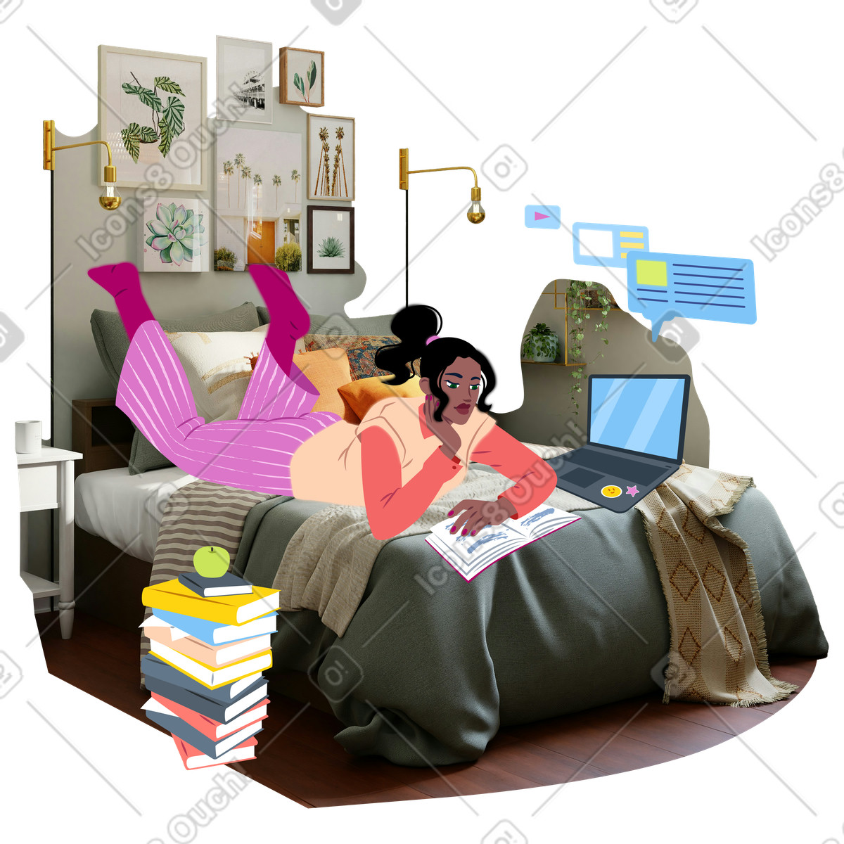Young woman studying at home illustration clipart graphics for education in GIF
