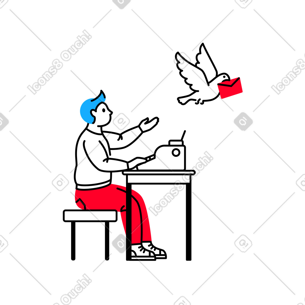 Writer releasing dove with letter, Old-fashioned communication and message delivery-Illustration im Transistor-Stil als Download in PNG, SVG
