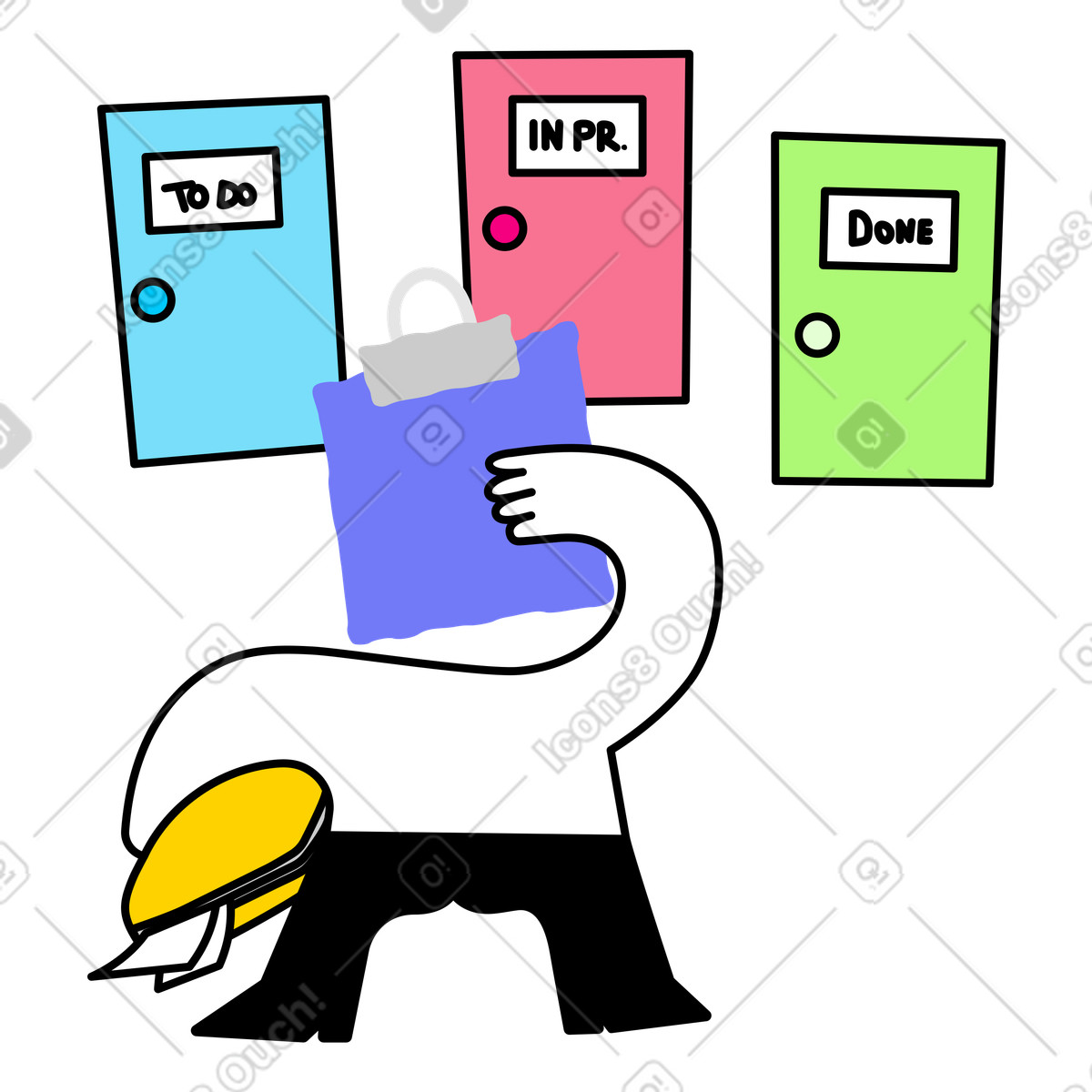 Illustration Le personnage réfléchit à l'endroit où placer la tâche sur tableau kanban dans style Giggle télécharger aux formats PNG, SVG