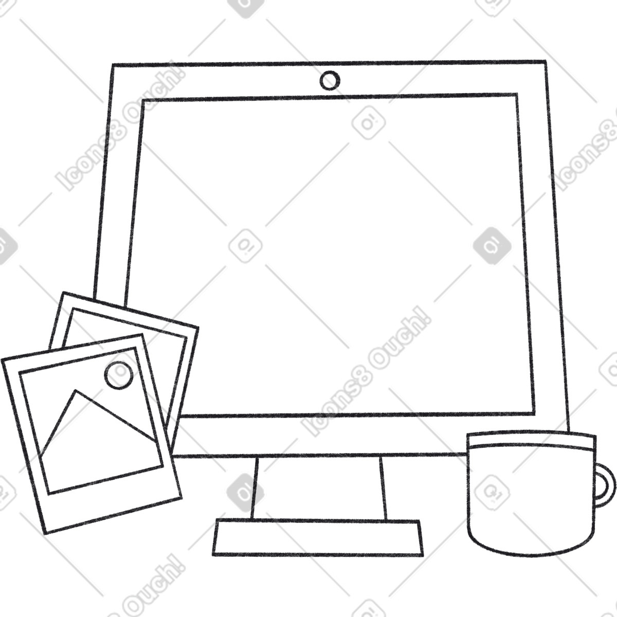 下载 Bonbon Line 风格的 有照片卡和杯子的电脑 插画，支持 PNG、SVG 格式